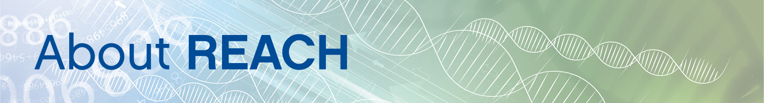 Banner with a gradient background from light blue to green featuring DNA double helix graphics and abstract scientific patterns. The text reads 'About REACH' with 'REACH' in bold blue font.
