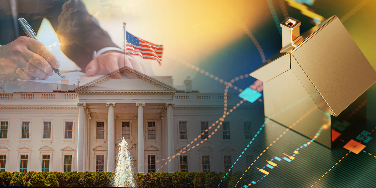 Composite image of the White House with a person signing a document, a U.S. flag, and overlaid financial charts and geometric shapes.
