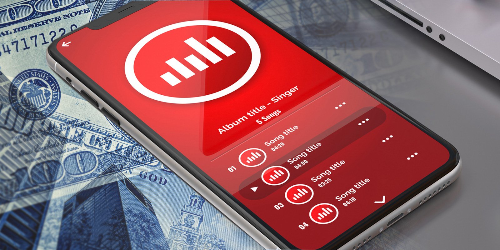 Smartphone displaying a red financial app with charts and data on a background of US dollar bills symbolizing mobile banking and digital finance.