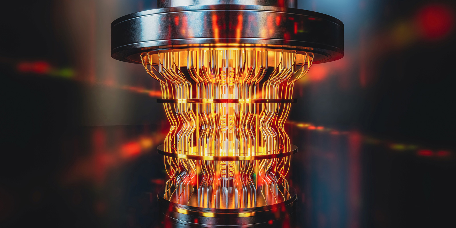 Futuristic glowing quantum processor with orange and red light trails representing advanced computing technology.