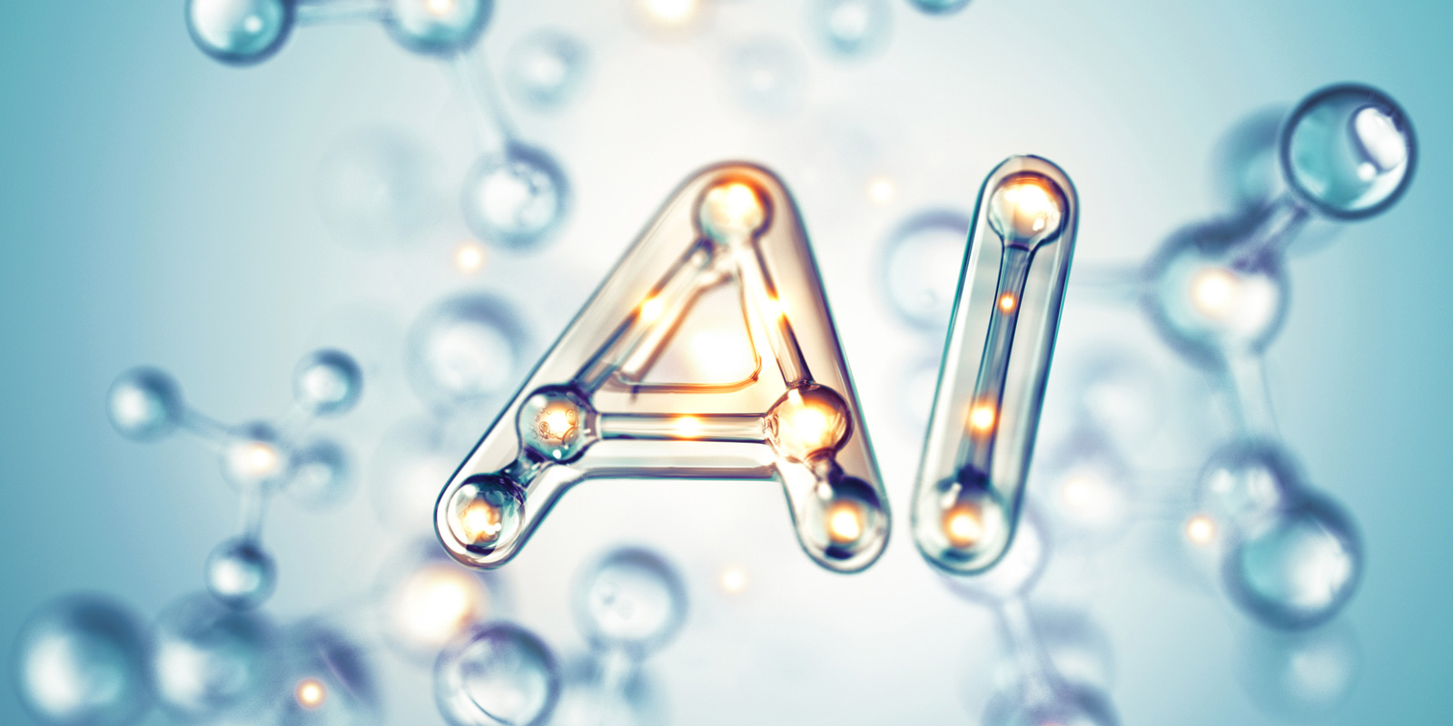 Futuristic AI text with glowing molecular connections symbolizing artificial intelligence and technology innovation.