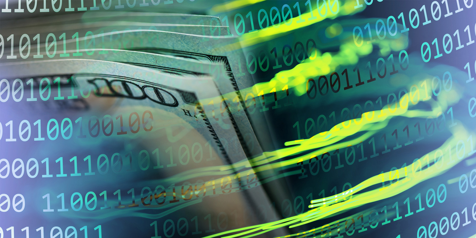 Digital illustration of binary code overlaid on US dollar bills representing digital finance, online transactions, and cryptocurrency.