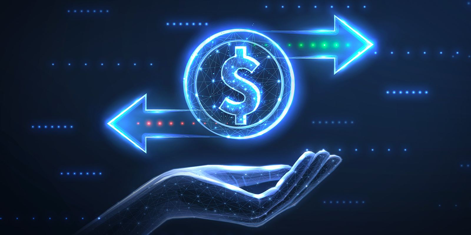 Digital illustration of a glowing dollar symbol between two arrows, representing financial transaction or money transfer, with a futuristic hand below indicating digital finance technology.