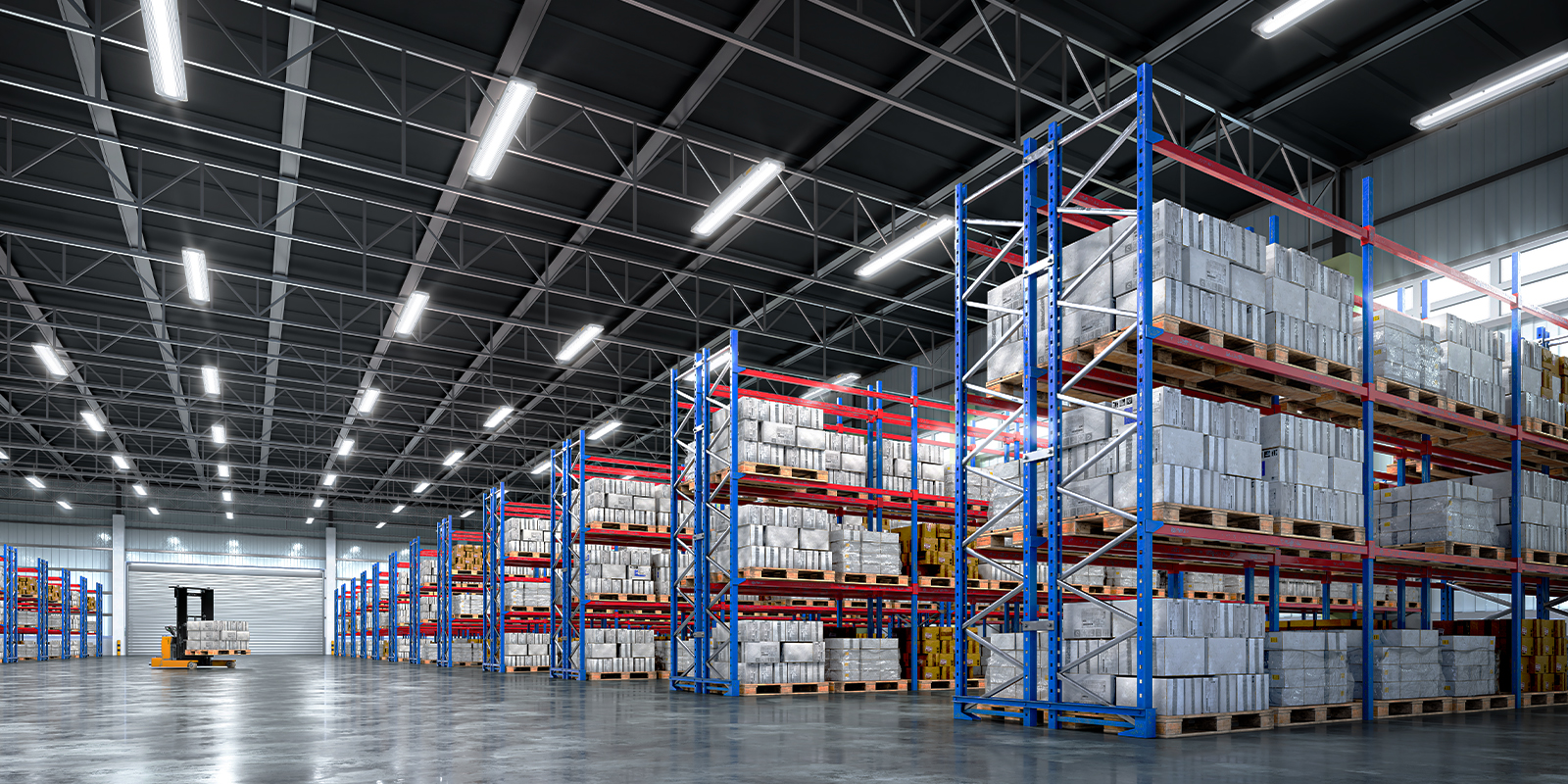 Interior of a large modern warehouse with high metal shelving units filled with packaged goods on pallets, bright LED lighting, polished concrete floor, and a forklift in operation near loading bay.