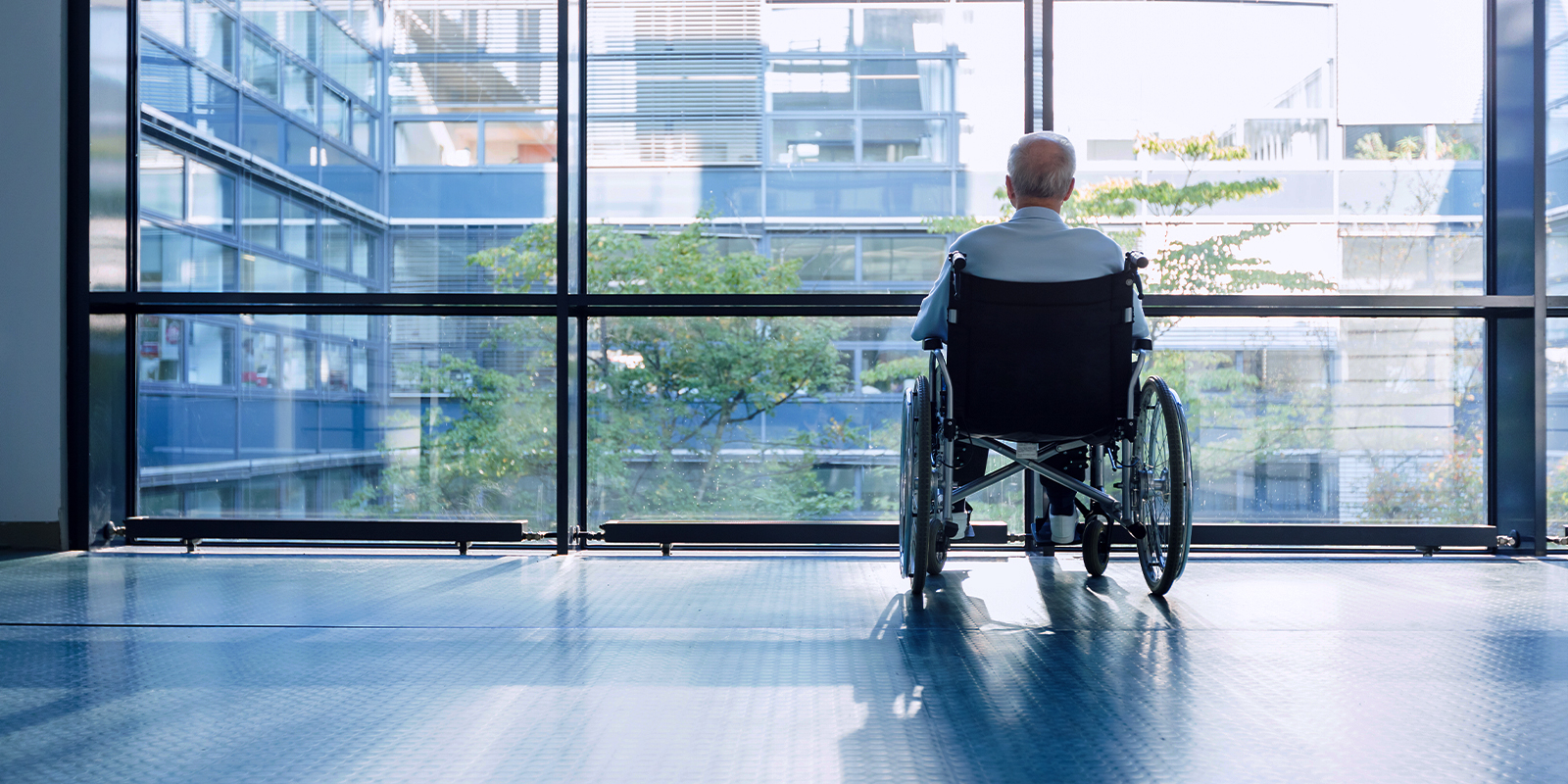 Person in a wheelchair looks out through floor-to-ceiling windows at modern city buildings.