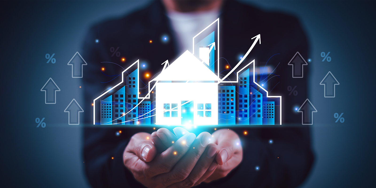 Businessperson holds a glowing digital house and city skyline graphic with upward arrows, symbolizing real estate investment growth