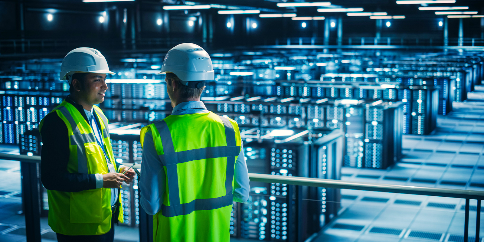 Two engineers in hard hats and safety vests talk on a mezzanine overlooking a large data center server hall.