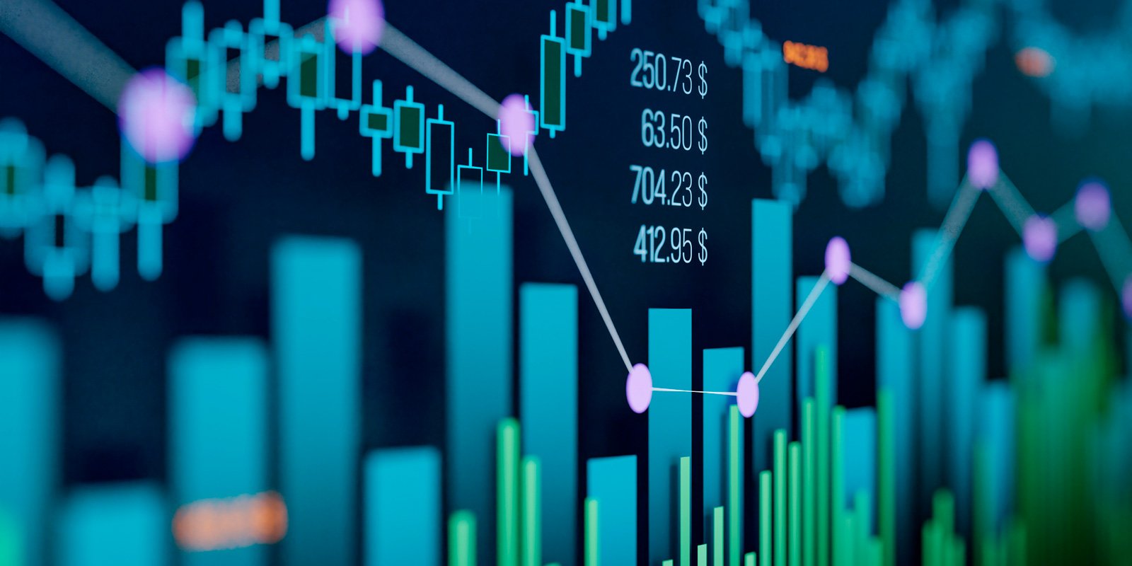 Stock market chart with candlestick patterns, trading volume bars, and financial data visualization.