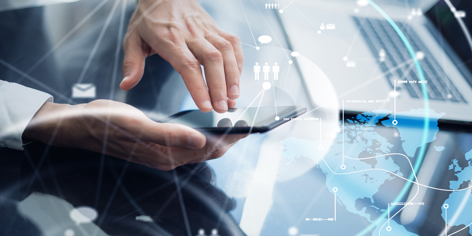 Business professional using smartphone and laptop with digital data network overlay, symbolizing mobile technology, cloud computing, and global communication.