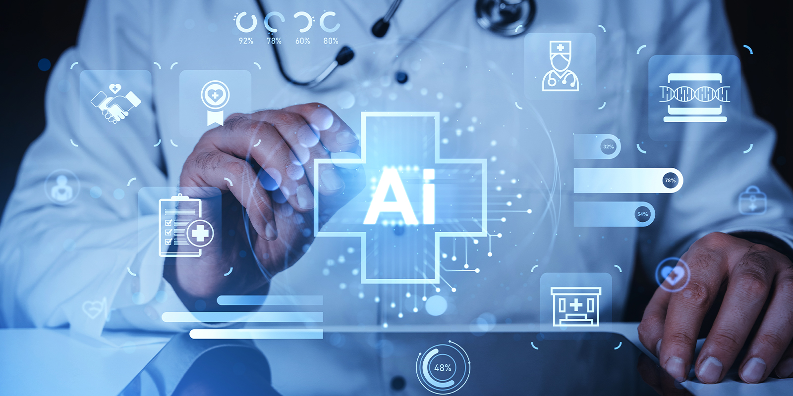 Doctor using AI digital interface for genomic medicine, illustrating SeqOne’s acquisition of Congenica in AI-powered healthcare.