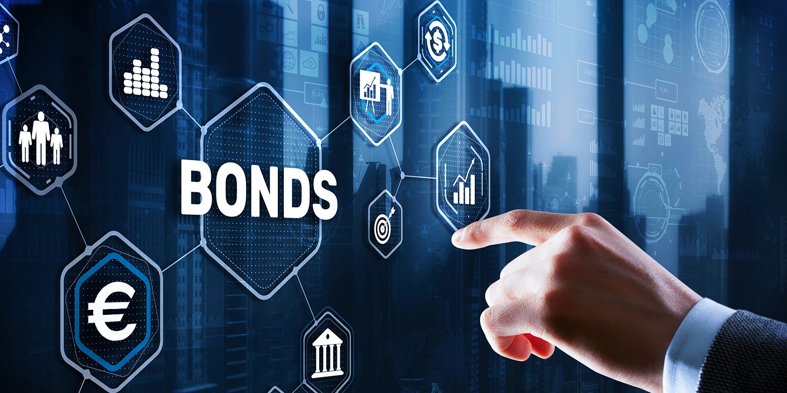 Hand selecting digital “BONDS” icon on financial dashboard, symbolizing Exail Technologies’ 256 million convertible bond issuance.