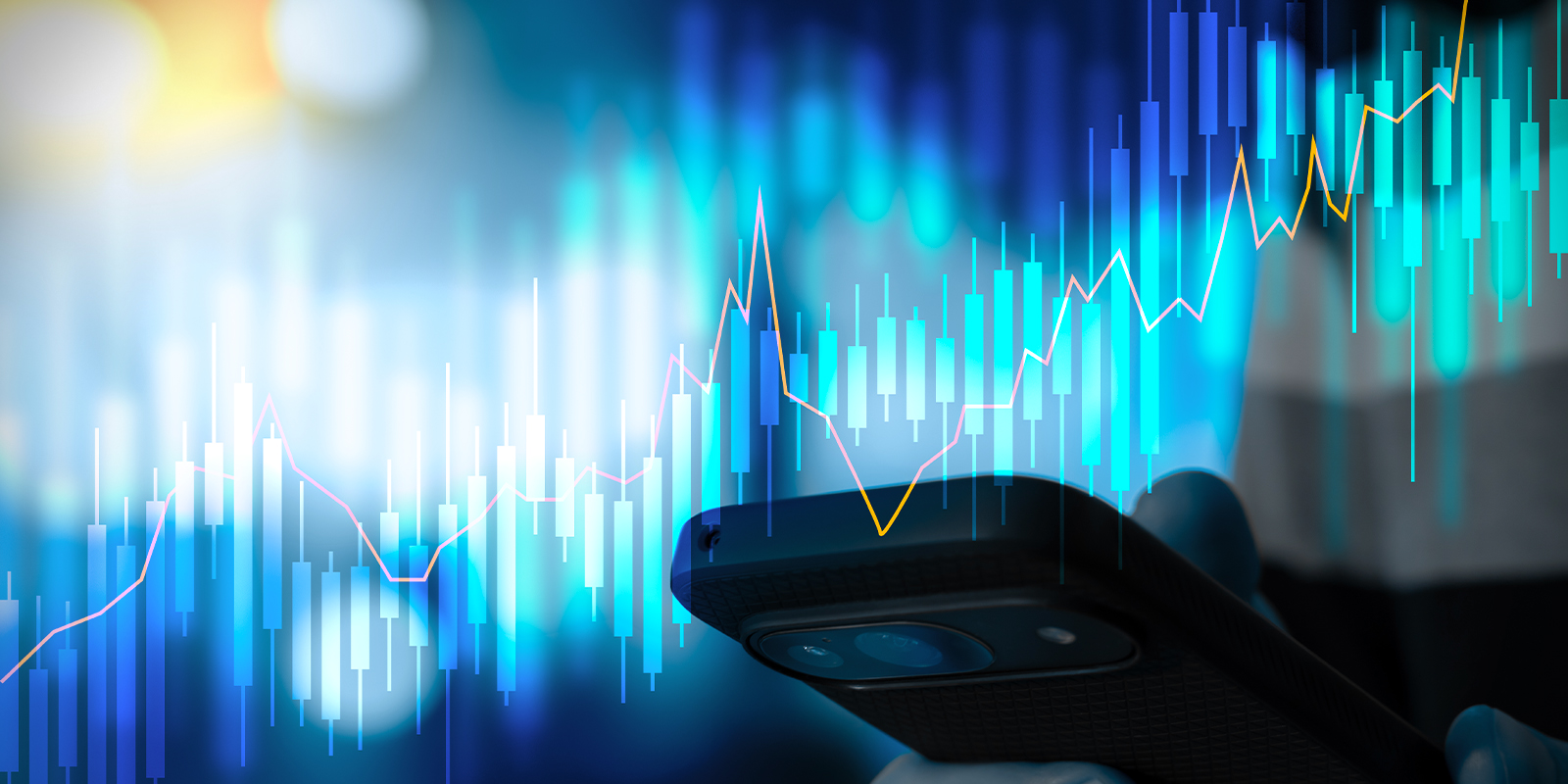 Mobile trading screen overlaid with financial candlestick chart, illustrating Orange’s US$6 billion multi-tranche notes offering.