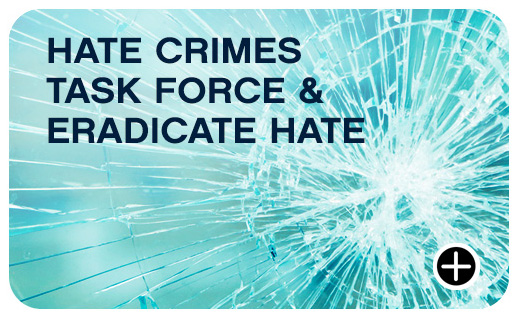 Jones Day pro bono Hate Crimes Task Force banner with shattered glass symbolizing violence and community protection efforts.