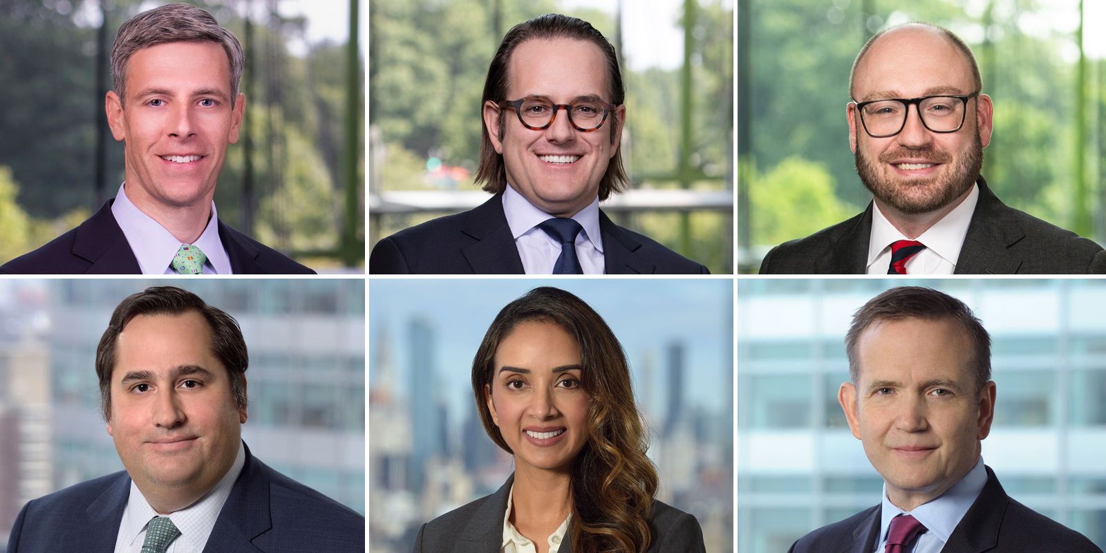 Professional headshots of six individuals, three men in the top row and two men and one woman in the bottom row, all wearing business attire and posing in front of different office and outdoor backgrounds.