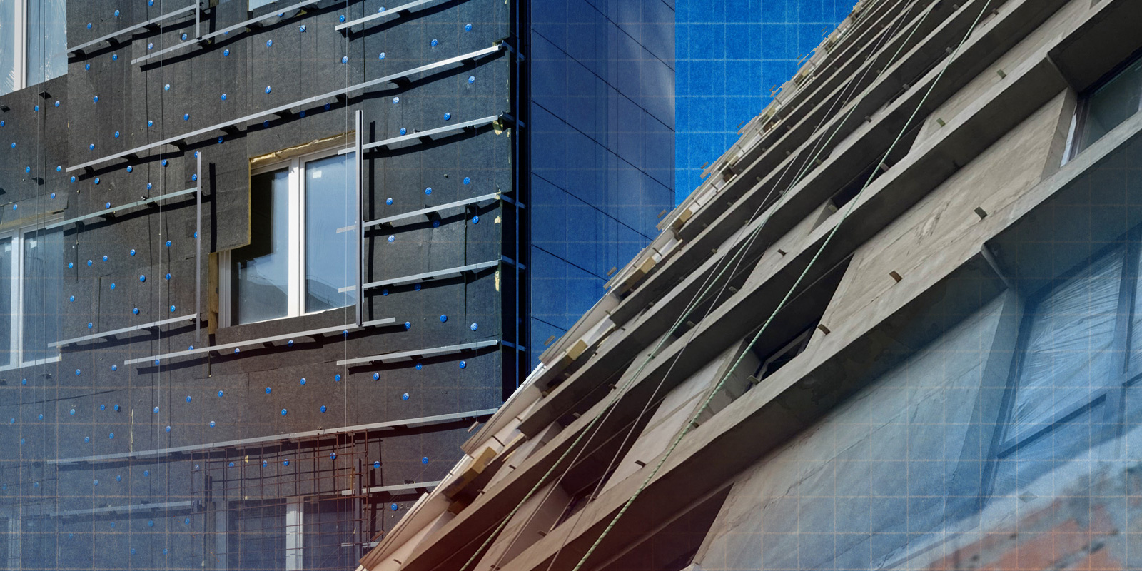 Close-up of a building under construction, highlighting the framework and insulation with an overlay of blueprints and technical drawings.