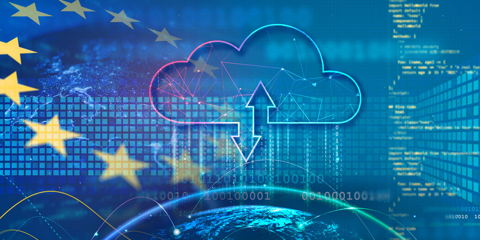 Digital illustration featuring a cloud icon with up and down arrows overlaid on a background of the European Union flag, binary code, and a view of Earth from space, representing cloud computing and data exchange in the EU.