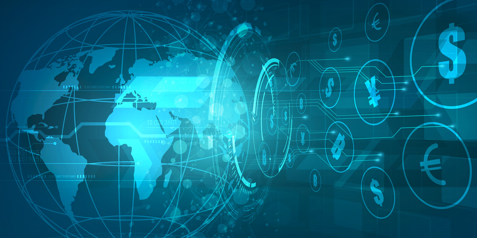 Digital illustration featuring a globe with network connections on the left and various currency symbols such as dollar, euro, yen, and bitcoin on the right, representing global financial transactions and digital currency.