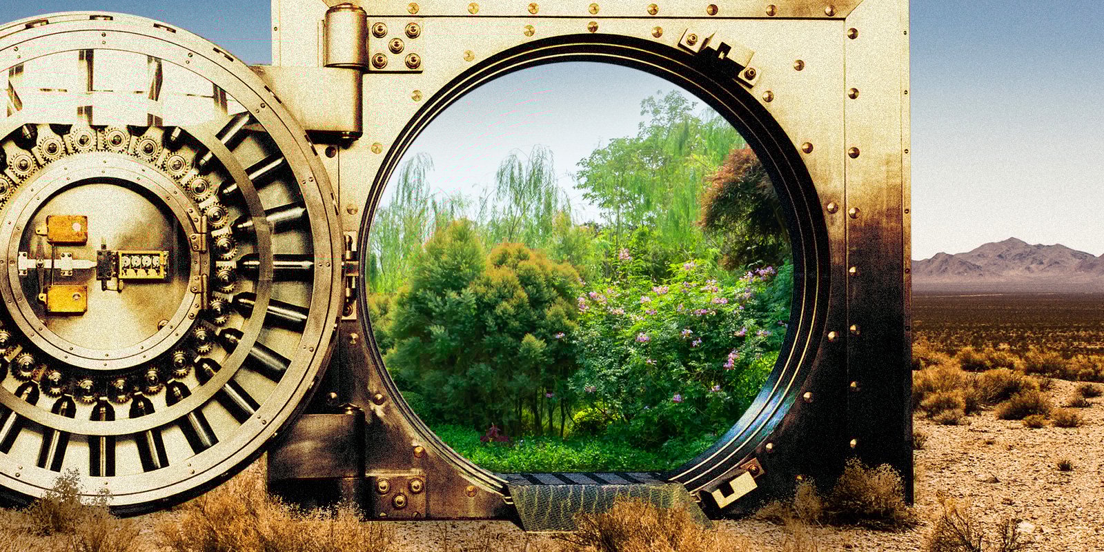 Surreal image of a large open vault door in a desert landscape, revealing a lush, green forest inside, symbolizing hidden potential or an oasis.