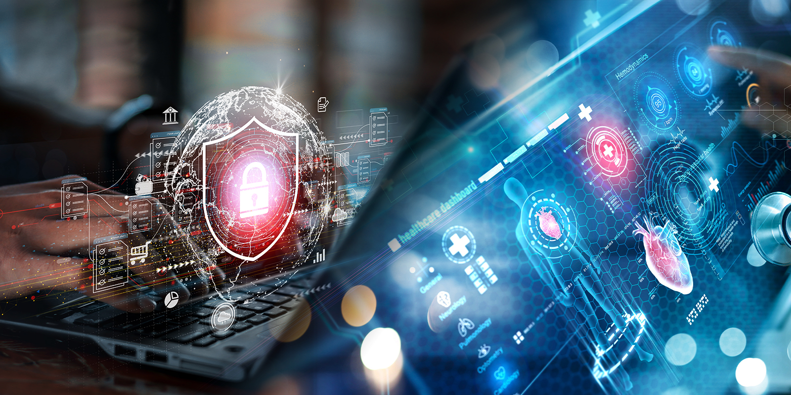 Composite image showing hands typing on a laptop with a digital shield icon overlay and a tablet displaying biometric data, symbolizing cybersecurity and digital health monitoring.