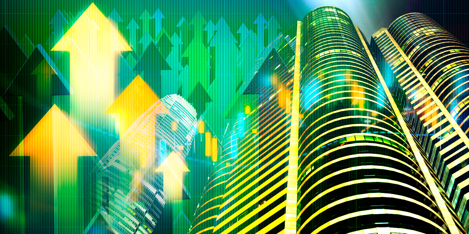 Abstract image of tall skyscrapers with glowing yellow and green arrows pointing upwards, symbolizing financial growth and rising markets.