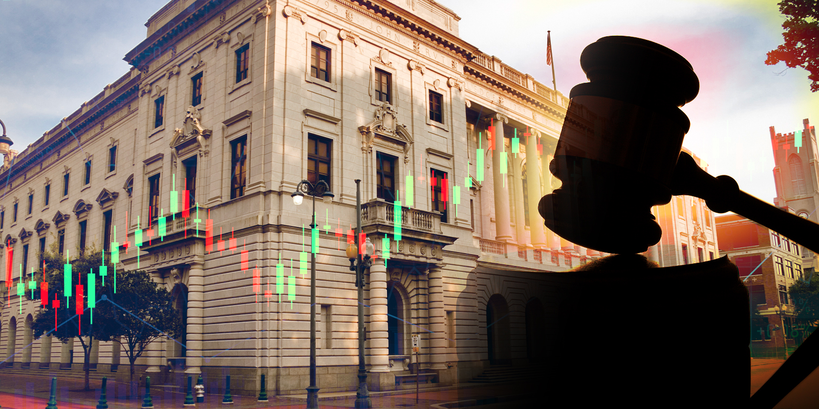 Composite image of a courthouse building with overlaid financial stock charts and a silhouette of a judge's gavel, symbolizing the intersection of law and financial markets.