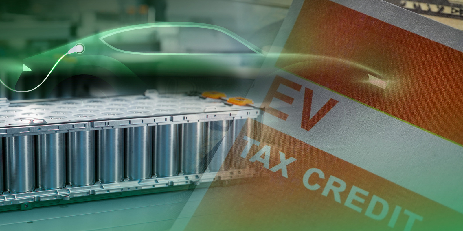 Composite image featuring an electric vehicle, a battery pack, and a document labeled 'EV Tax Credit,' symbolizing electric vehicle technology and associated tax incentives.