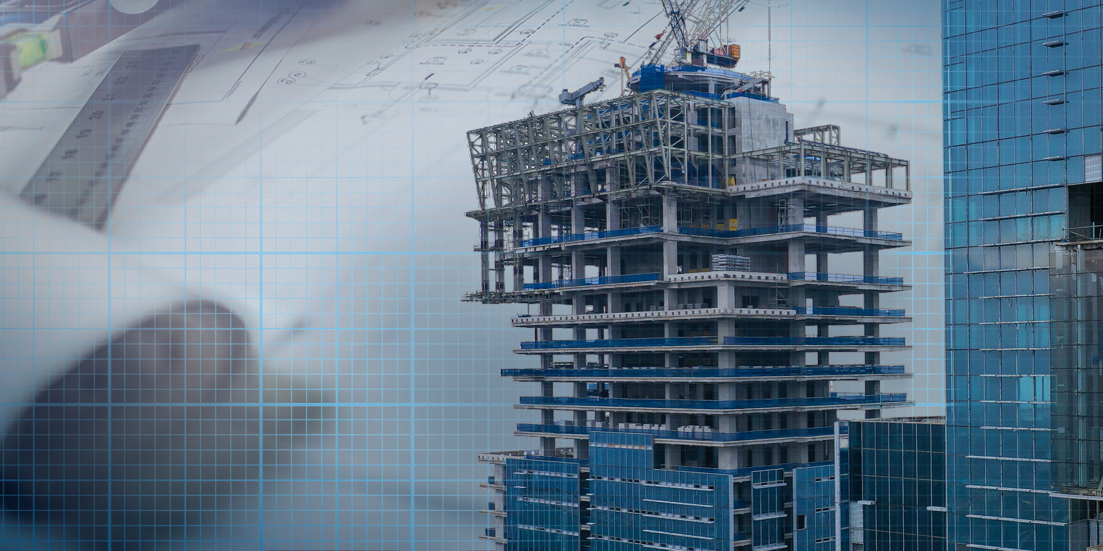 Composite image of a high-rise building under construction, overlaid with architectural blueprints and a crane, symbolizing the process of building and architectural planning.