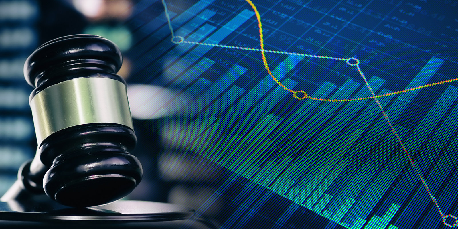 Composite image of a judge's gavel on the left and financial graphs on the right, symbolizing the intersection of law and finance.