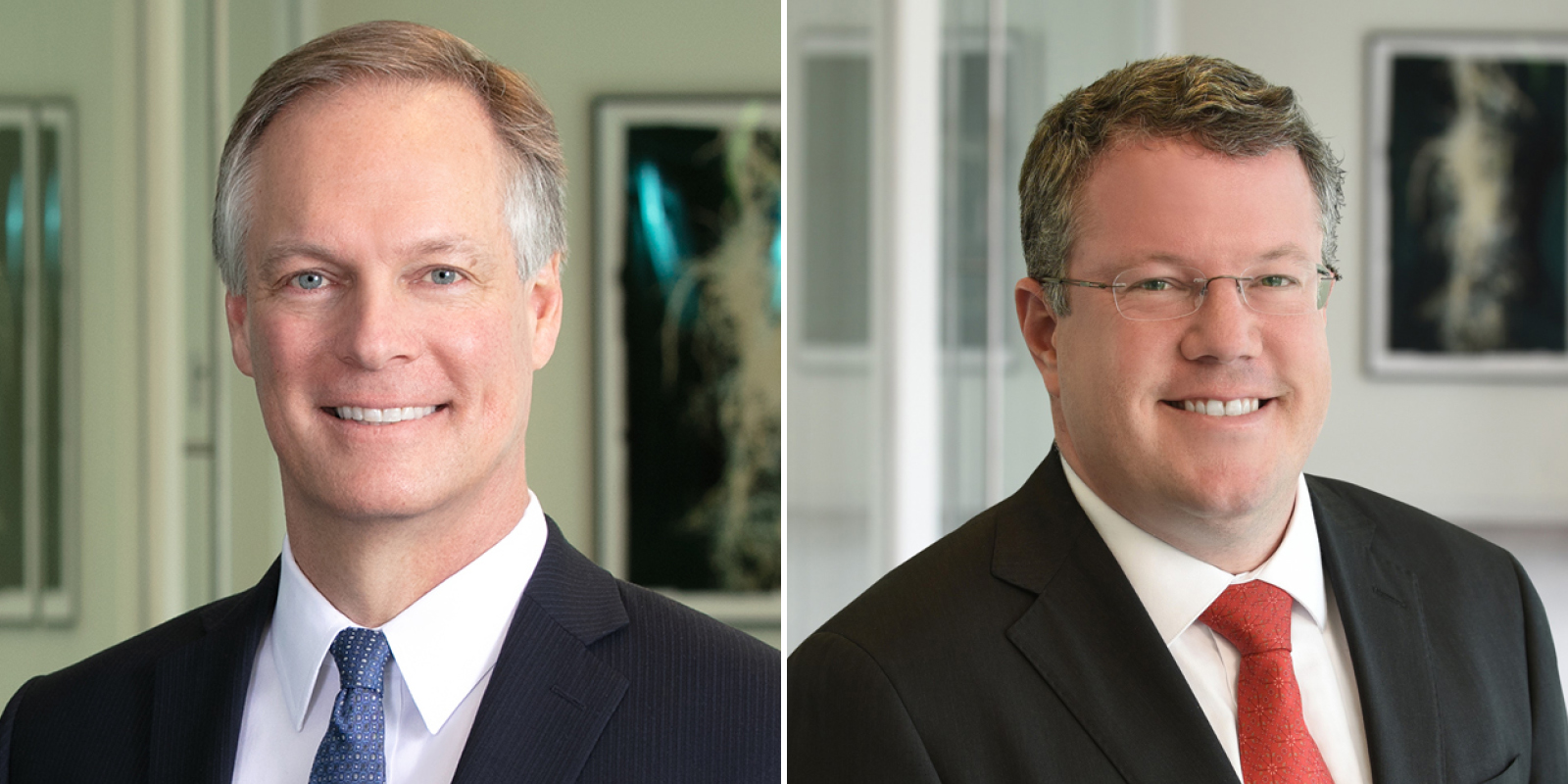 Professional headshots of two lawyers: David Peavler on the left and Evan Singer on the right, both wearing business attire.