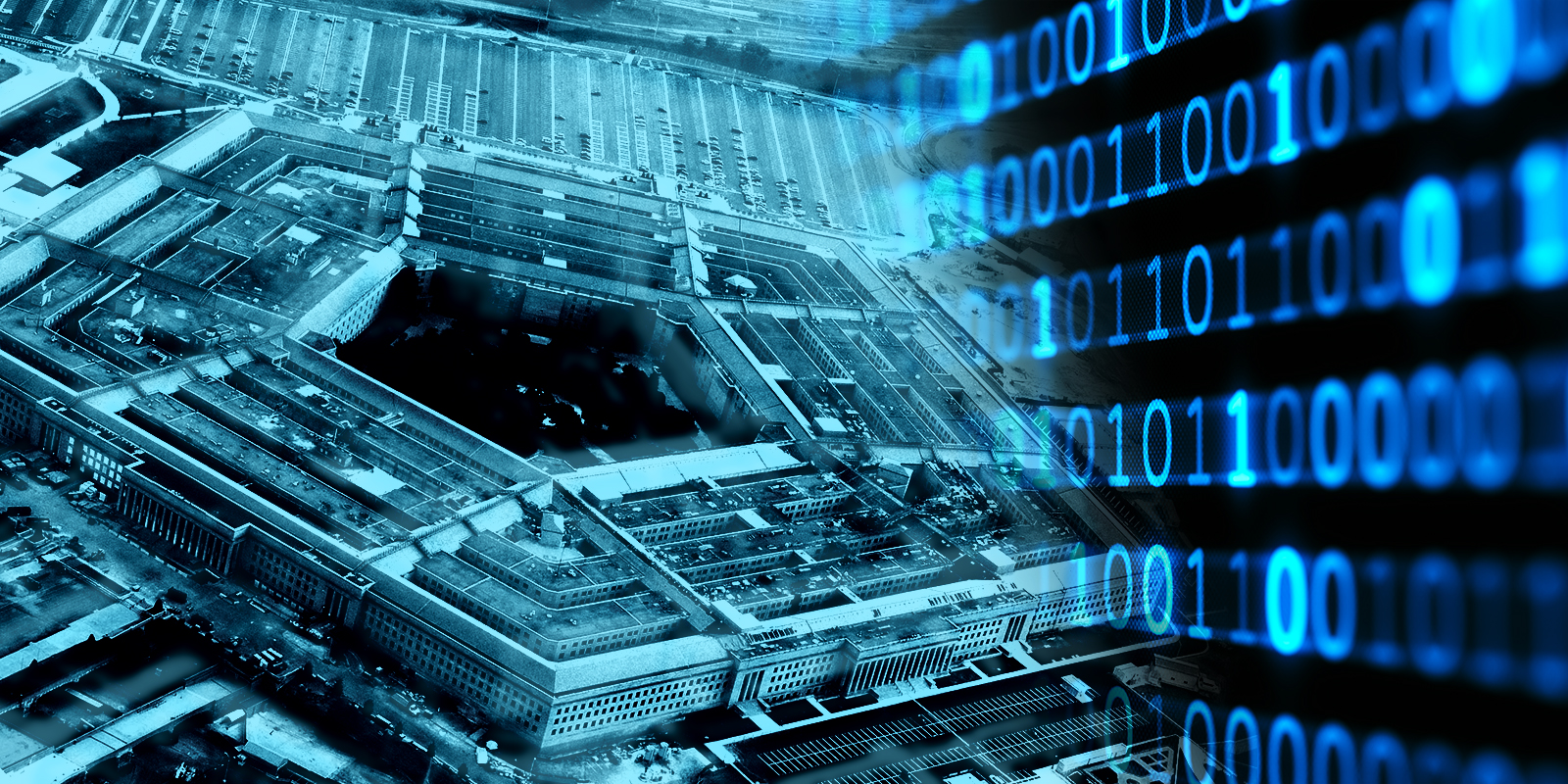 Aerial view of the Pentagon with overlaid binary code, symbolizing the intersection of military operations and digital technology.