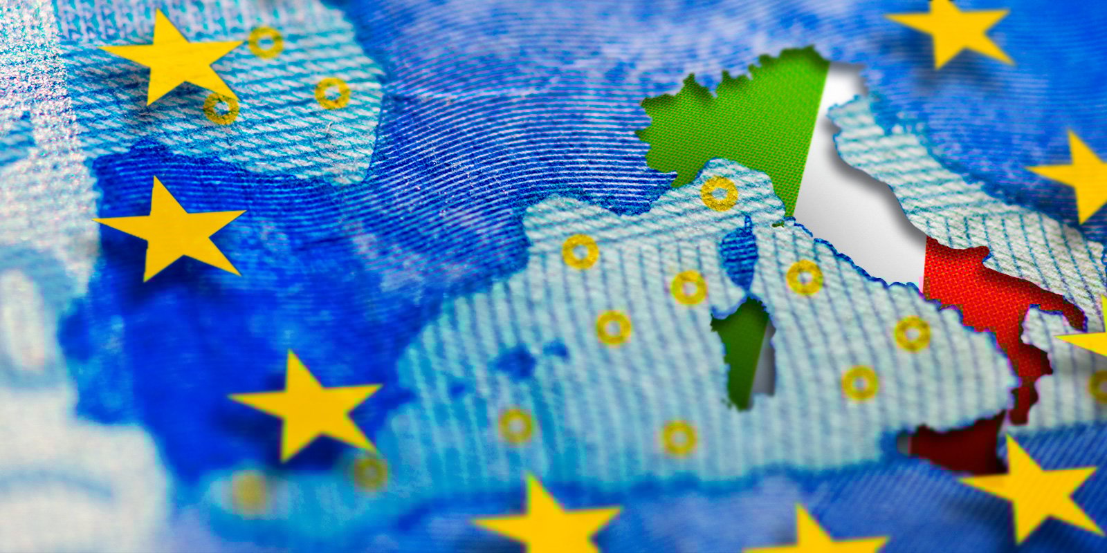 Map of Europe with the European Union flag overlay and a cutout revealing the Italian flag underneath, symbolizing Italy's relationship with the EU.