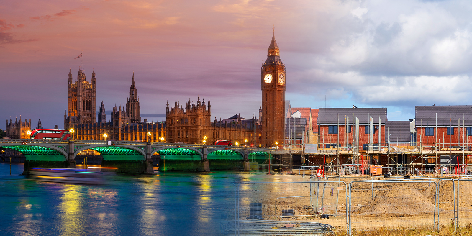 Panoramic view of London featuring the Houses of Parliament and Big Ben on the left, transitioning to a construction site on the right, symbolizing urban development.
