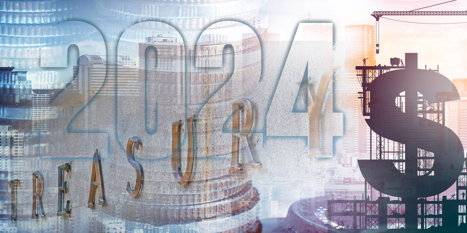 Composite image with the year 2024 overlaid on stacks of coins and a cityscape, featuring a dollar sign and a crane, symbolizing financial growth and economic development in 2024.