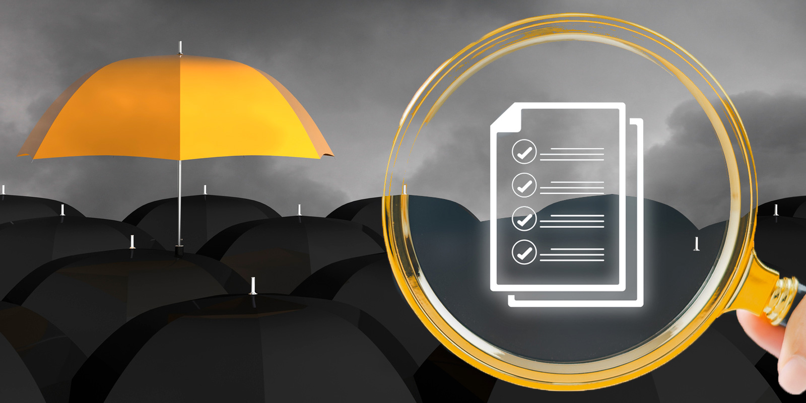 A sea of black umbrellas with one bright yellow umbrella standing out, accompanied by a magnifying glass highlighting a checklist document.