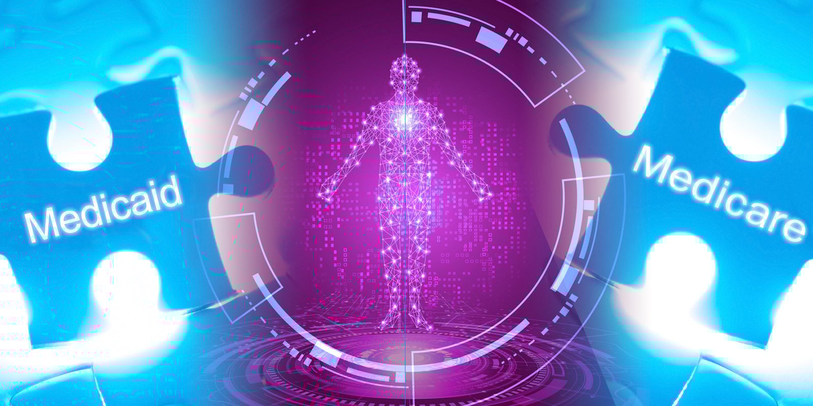 Digital illustration of a human figure between Medicaid and Medicare puzzle pieces, symbolizing healthcare integration and technology.