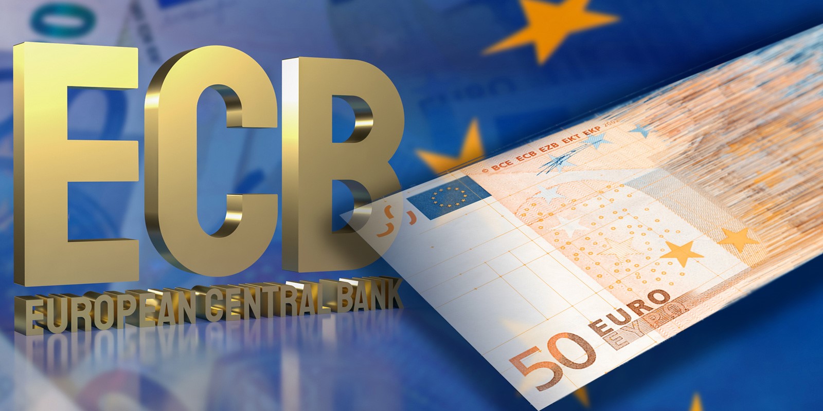 Close-up of “ECB” lettering with a 50-euro banknote over a European Union flag background.