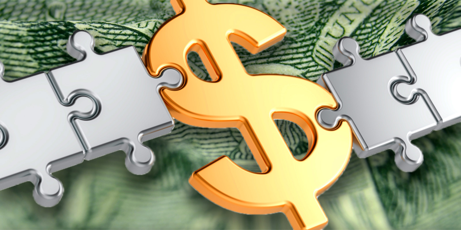 Gold dollar sign linking puzzle pieces over U.S. currency, symbolizing increased U.S. merger notification thresholds.