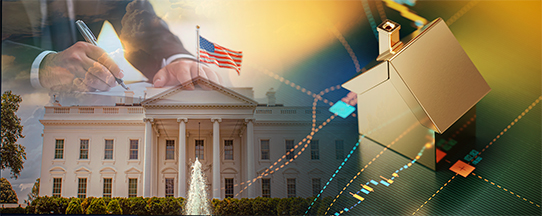 Composite image of the White House with a person signing a document, a U.S. flag, and overlaid financial charts and geometric shapes.